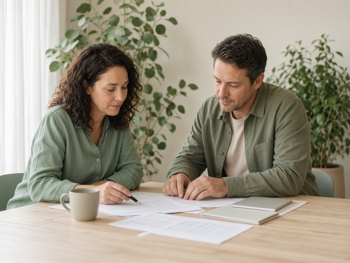 Two professionals talking calmly over papers