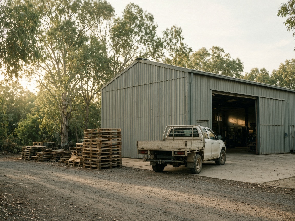 Regional commercial workshop in late afternoon light