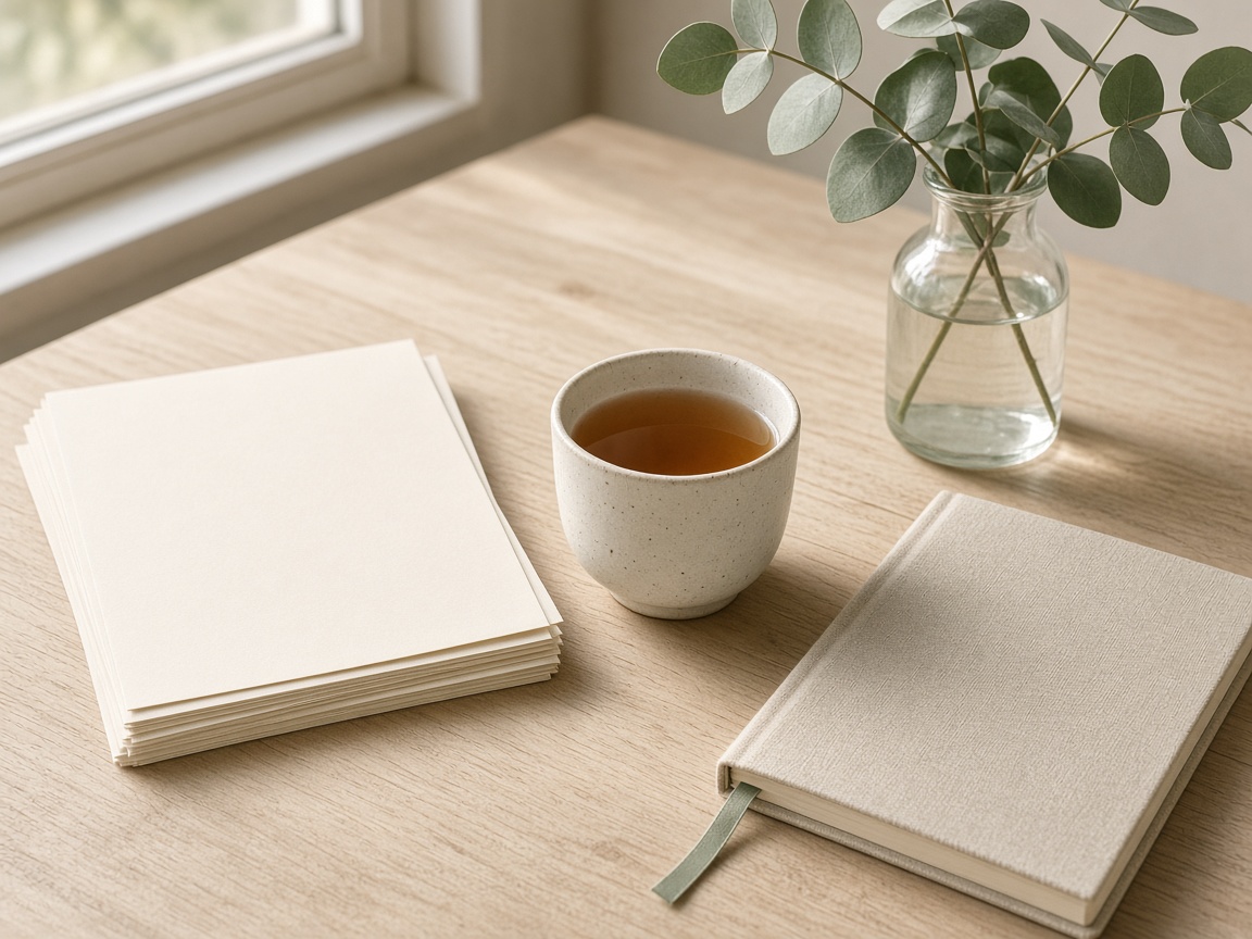 Quiet desk with invoices, tea and a sprig of eucalyptus